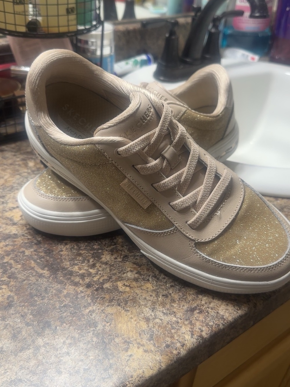 Skechers Glitter Lace-Up Sneakers in Champagne Gold